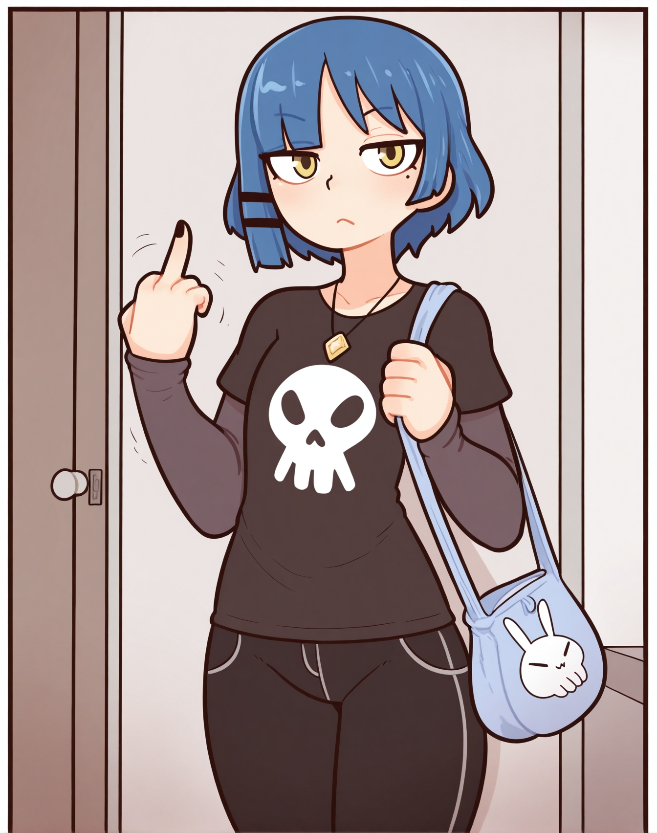 <lora:_red7cat_NAIXL:1.1> art by red7cat, artist:red7cat, best quality, masterpiece, source_anime, yamada ryo, 1girl, solo, looking at viewer, short hair, shirt, long sleeves, hair ornament, closed mouth, jewelry, blue hair, yellow eyes, cowboy shot, pants, indoors, hairclip, necklace, nail polish, mole, bag, black shirt, mole under eye, black pants, piercing, black nails, t-shirt, middle finger