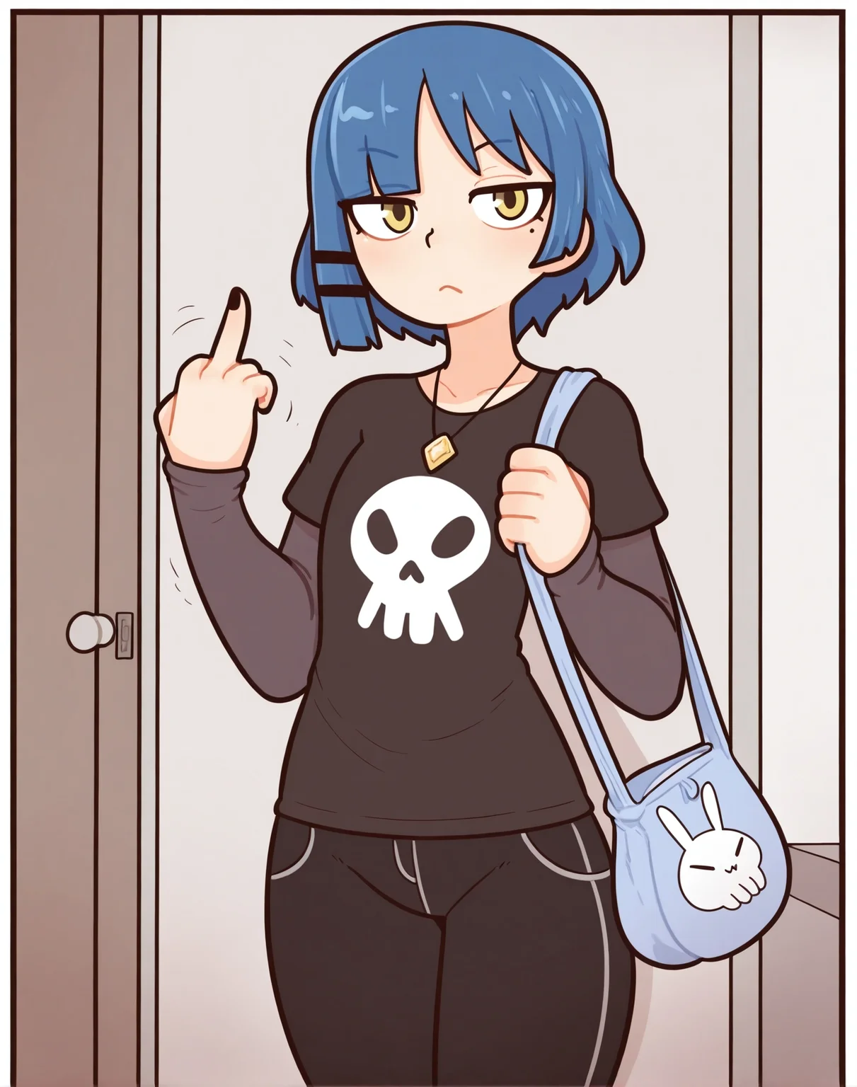 <lora:_red7cat_NAIXL:1.1> art by red7cat, artist:red7cat, best quality, masterpiece, source_anime, yamada ryo, 1girl, solo, looking at viewer, short hair, shirt, long sleeves, hair ornament, closed mouth, jewelry, blue hair, yellow eyes, cowboy shot, pants, indoors, hairclip, necklace, nail polish, mole, bag, black shirt, mole under eye, black pants, piercing, black nails, t-shirt, middle finger