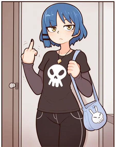 <lora:_red7cat_NAIXL:1.1> art by red7cat, artist:red7cat, best quality, masterpiece, source_anime, yamada ryo, 1girl, solo, looking at viewer, short hair, shirt, long sleeves, hair ornament, closed mouth, jewelry, blue hair, yellow eyes, cowboy shot, pants, indoors, hairclip, necklace, nail polish, mole, bag, black shirt, mole under eye, black pants, piercing, black nails, t-shirt, middle finger
