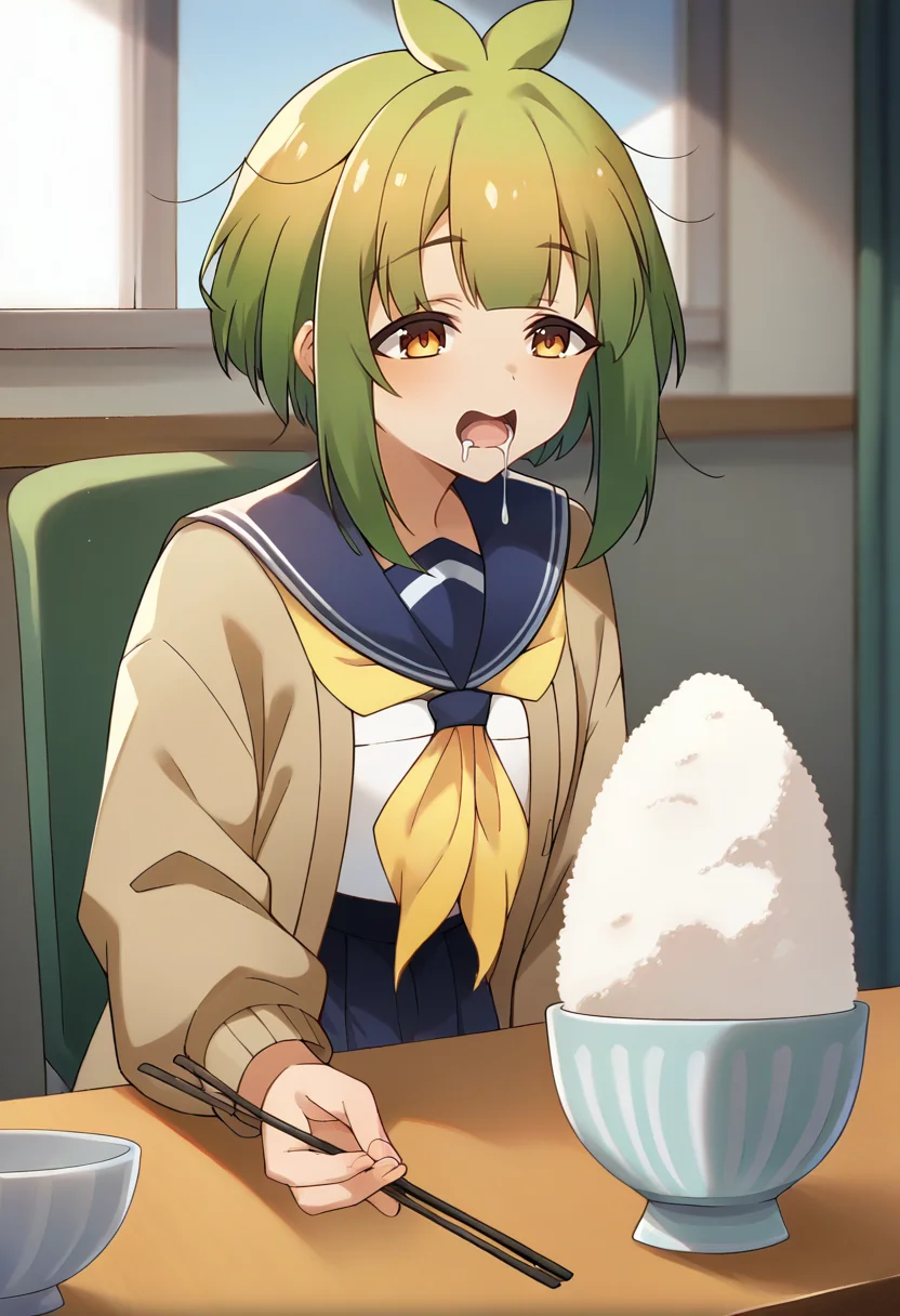 score_9, score_8_up, score_7_up, source_anime, masterpiece, 1girl, ct_bashame, brown cardigan, puffy sleeves, serafuku, blue sailor collar, yellow neckerchief, indoors, sitting, table, pov across table, rice bowl, drool, shiny skin, holding chopsticks, <lora:Bashame_Meme_pony_ct_ver2:1>