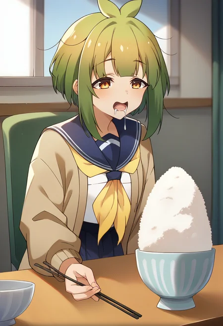 score_9, score_8_up, score_7_up, source_anime, masterpiece, 1girl, ct_bashame, brown cardigan, puffy sleeves, serafuku, blue sailor collar, yellow neckerchief, indoors, sitting, table, pov across table, rice bowl, drool, shiny skin, holding chopsticks, <lora:Bashame_Meme_pony_ct_ver2:1>