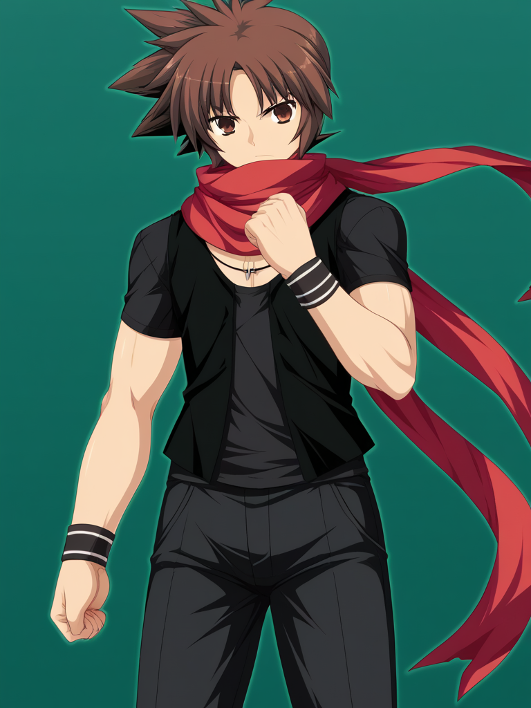 1boy, solo, reijilokiEXAEXSFA, brown hair, spiked hair, brown eyes, t-shirt, vest, wristband, pants, necklace, jewelry, scarf, serious, green background, mist, green outline, clenched fists, standing, cowboy shot,