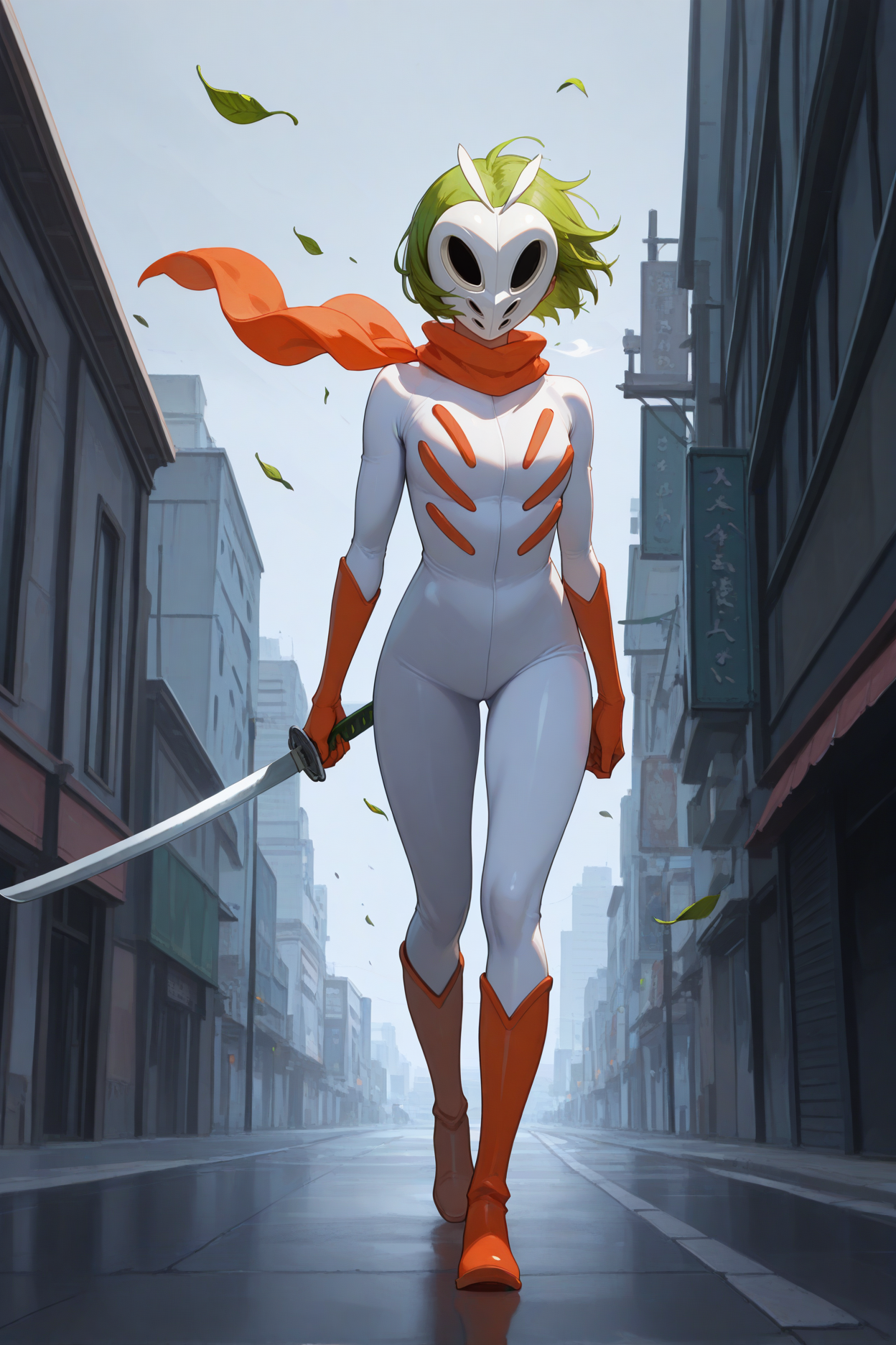 masterpiece, best quality, 1girl, solo, <lora:kunamashiro-illu-nvwls-v1:1> knmshir, green hair, short hair, mask, covered face, orange scarf, white bodysuit, orange gloves, orange boots, holding katana, facing viewer, full body, arms at sides, wide shot, grey sky, city street, wind, leaves blowing in the wind, wide shot