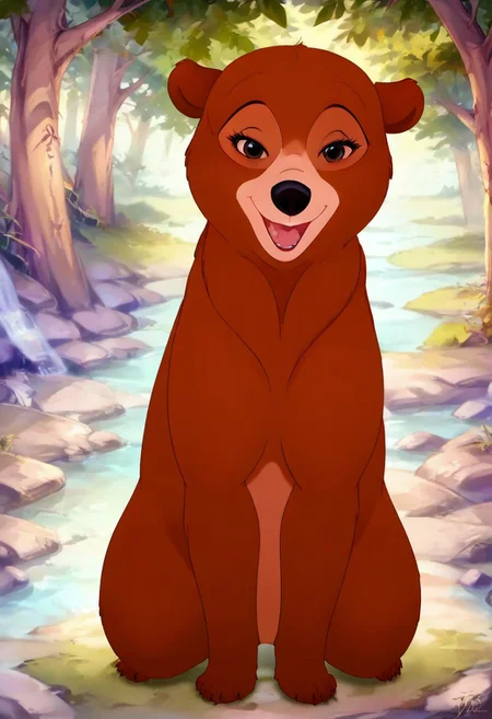 Bear, cartoon, female, Nita, Disney, 2d, detailed forest background, bipedal, full body, <lora:J_cartoon:0.7>, j_cartoon, <lora:MeekoXL:0.9>, Disney, score_9, score_8_up, score_8, solo, (feral), detailed fur, ((happy expression)), ((looking at viewer seductively:1.6)), breathtaking, environmental lighting, professional, highly detailed, ((detailed shaders)), beautiful, high quality, night-time, outdoors, dark forest, <lora:Furtastic_Detailer:1>