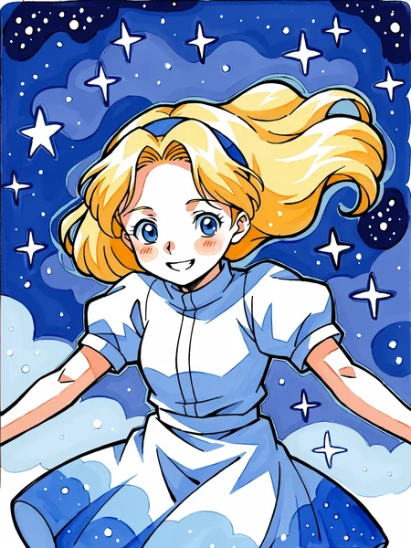 outer space, starry sky, floating, galaxies, score_7_up, <lora:Maria Robotnik (SxSG):0.9>, blush, smile, sxsgdbmaria, blonde hair, blue eyes, source_anime, abstract, watercolor