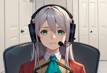 score_9, score_8_up, score_7_up, source_anime, solo, 1girl, zeroElie, sadlinus, headset, chair, indoors, grey hair, long hair, green eyes, ascot, uniform, red sleeves <lora:elie-pdxl-nvwls-v1:0.85> <lora:concept_sadlinus_ponyXL:1>