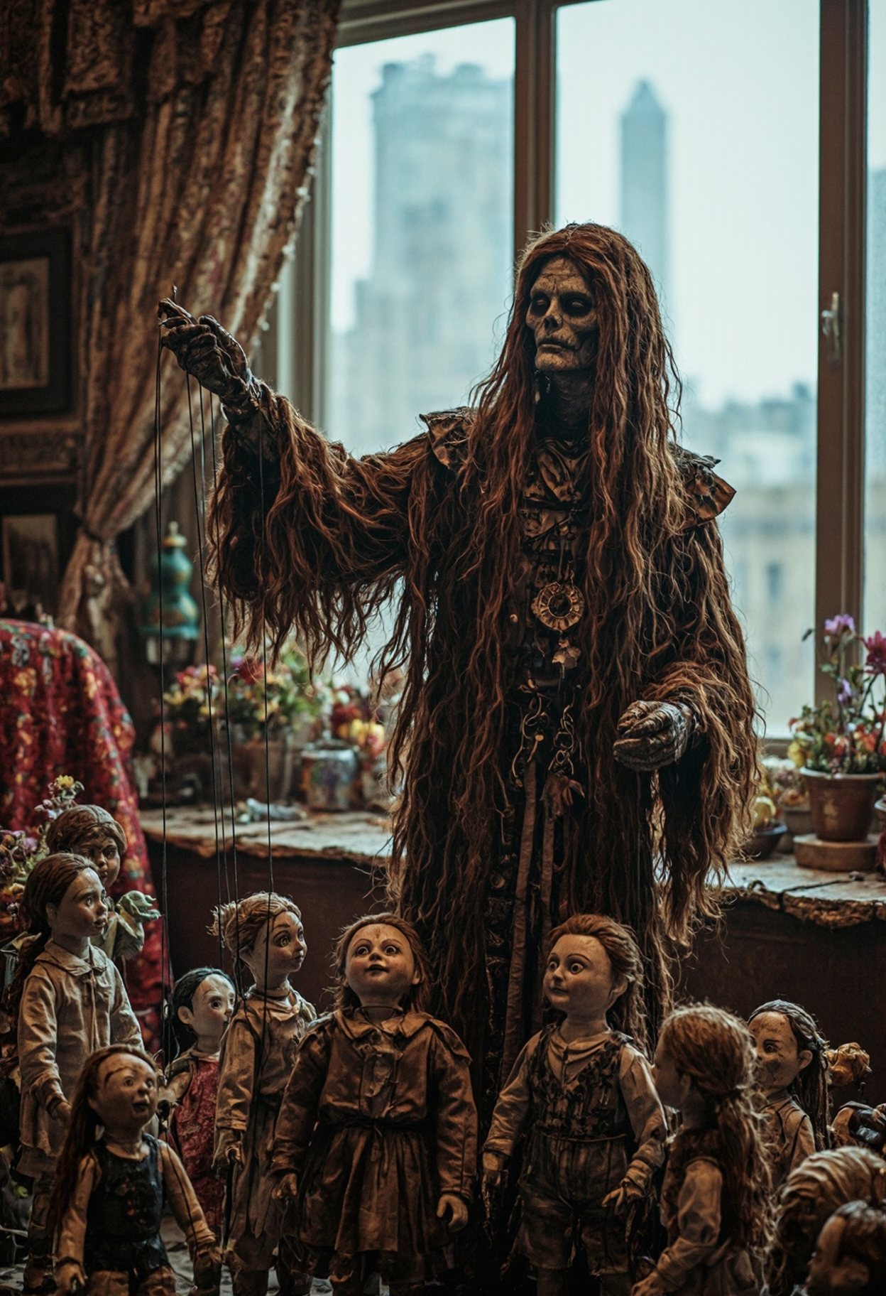 Intricately textured, cinematic, In a whimsical and whimsical world, a wraithlike puppeteer with a wraithlike expression controls a group of tattered dolls, each with a unique expression. The puppeteer's eyes are closed as he carefully controls the intricate details of the dolls, while the puppeteer's fur is a deep, textured brown. The scene is set in a cozy and colorful room, with a large window overlooking a city skyline.