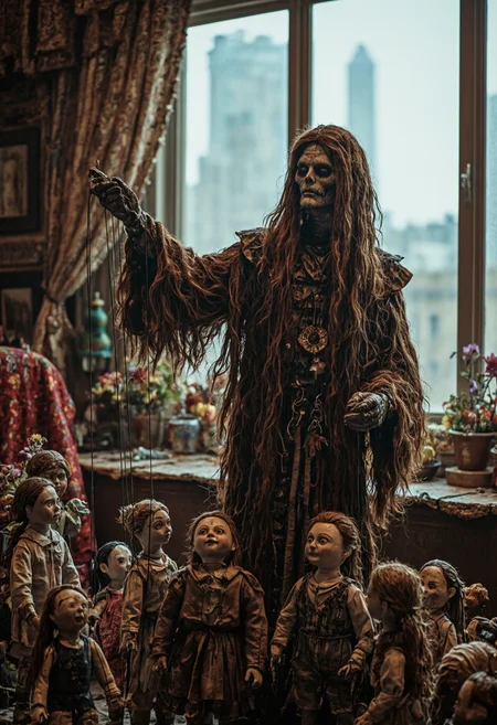 Intricately textured, cinematic, In a whimsical and whimsical world, a wraithlike puppeteer with a wraithlike expression controls a group of tattered dolls, each with a unique expression. The puppeteer's eyes are closed as he carefully controls the intricate details of the dolls, while the puppeteer's fur is a deep, textured brown. The scene is set in a cozy and colorful room, with a large window overlooking a city skyline.