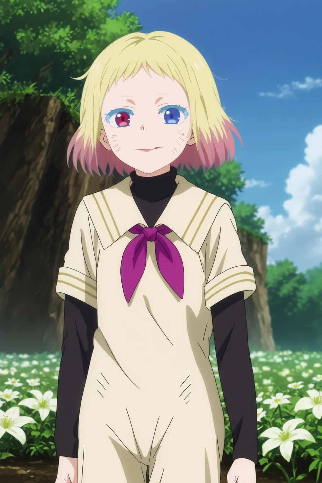 awano kotobuki,1girl,solo,smile,heterochromia,blonde hair,purple eyes,short hair,looking at viewers,gradient hair,facial mark,neckerchief,shirt,school uniform,sailor colla,short over long sleeves,layered sleeves,purple neckerchief,standing,looking_back,cowboy shot,close-up BREAK outdoors,blue sky,white flower,field <lora:Awano_Kotobuki_-_Wonder_Egg_Priority.safetensors:0.8> <lora:detailed_backgrounds_v2.safetensors:0.5>