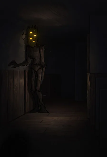 masterpiece, best quality, amazing quality, very aesthetic, absurdres, newest, cinematic, movie scene, foreground blur, volumetric lighting
creaking, no humans, standing, monster, glowing eyes, yellow eyes, solo, 3 eyes, yellow sclera, wooden body,
inside house, living room, dark living room, horror, flashlightbeamILL, dark area, flashlight beam on subject,dark living room, high contrast