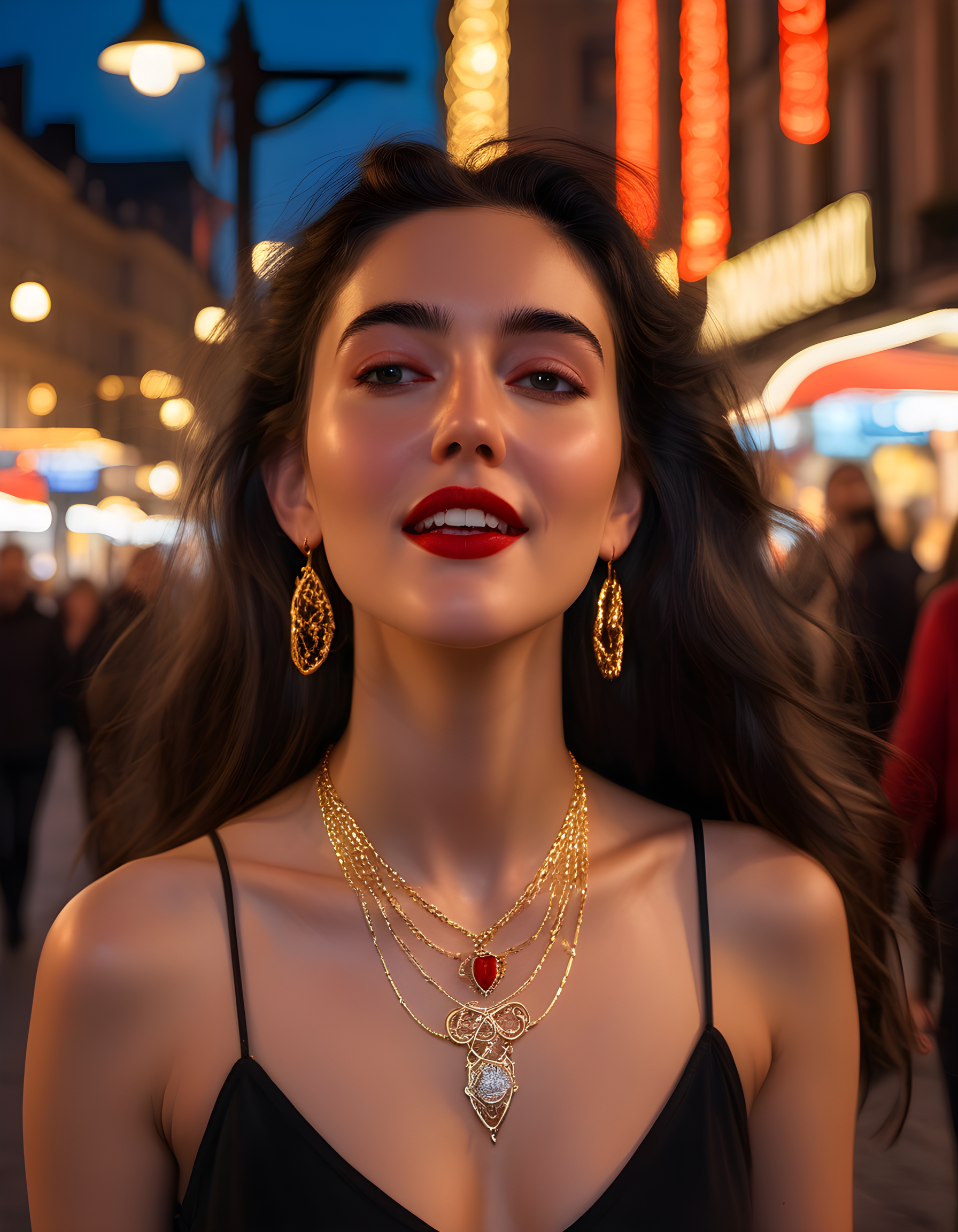 In a bustling city square at dusk, under the soft glow of golden street lamps and the vibrant neon signs, Emm4S stands alone, her long, wavy black hair cascading down her shoulders as she gazes intently at an exquisite pendant hanging from a delicate gold chain around her neck. The camera angle is slightly above, capturing her thoughtful expression and the play of light on her sparkling teeth and bright red lips, while the background reveals a lively crowd enjoying their evening stroll, adding a sense of energy to this intimate moment.