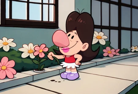 score_9, score_8_up, score_7_up BREAK BlandyGrim, 1girl, brown hair, black eyes, big pink nose, fuchsia lipstick, red tank top, white skirt, socks, light purple mary jane shoes, full body, flower garden, picking flowers, happy,