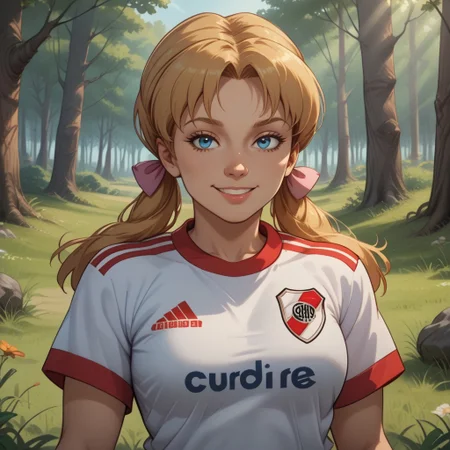 score_9, score_8, BREAK, solo, Kim Cherrywood, 1girl, blue eyes, blonde pigtails, RiverPlate, striped shirt, striped, shirt, white shirt, short sleeves, clothes writing, sportswear, soccer uniform, pink bows, adult female, mature female, breasts, sexy pose, self portrait, smile, outdoors, sunlight, shadows, evening lighting, natural lighting, forest, trees, grass, orange sky, sunset