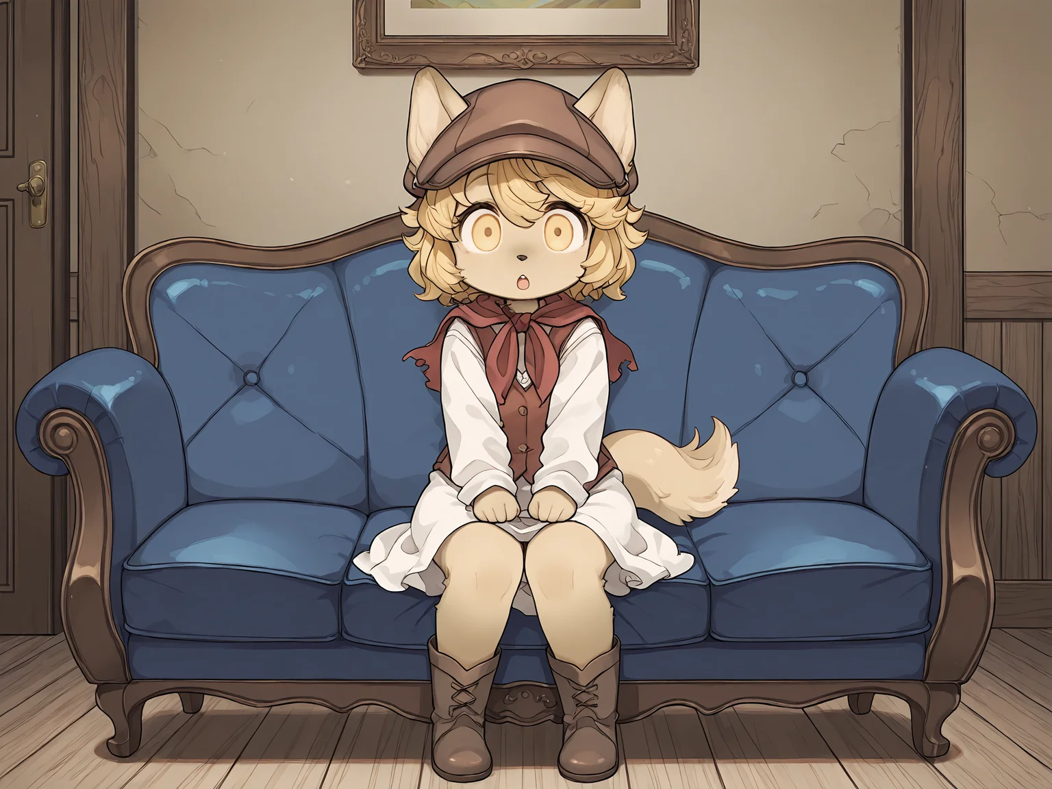 masterpiece, best quality, (absurdres), (highest quality), amazing quality, very aesthetic, no humans,
BREAK, <lora:Mei_Marzipan_Illustrious_V1:1>, mei marzipan, fuga: melodies of steel, kemono, furry female, 1girl, child, beige fur, blonde hair, yellow eyes, dog girl, animal ears, dog tail, dog ears,
BREAK, fuga 2 outfit, boots, dress, red scarf, vest, hat,
BREAK, full body, inside, livingroom, couch, sitting, :o, happy, wide eyes, looking at viewer,