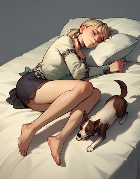 score_9, score_8_up, score_7_up, score_6_up, score_5_up, score_4_up
<lora:fiona-ponyxl:1>
fiona belli, ponytail, choker, blouse, miniskirt,
1girl, closed eyes, dog, from side, full body, lying, on side, sleeping, solo