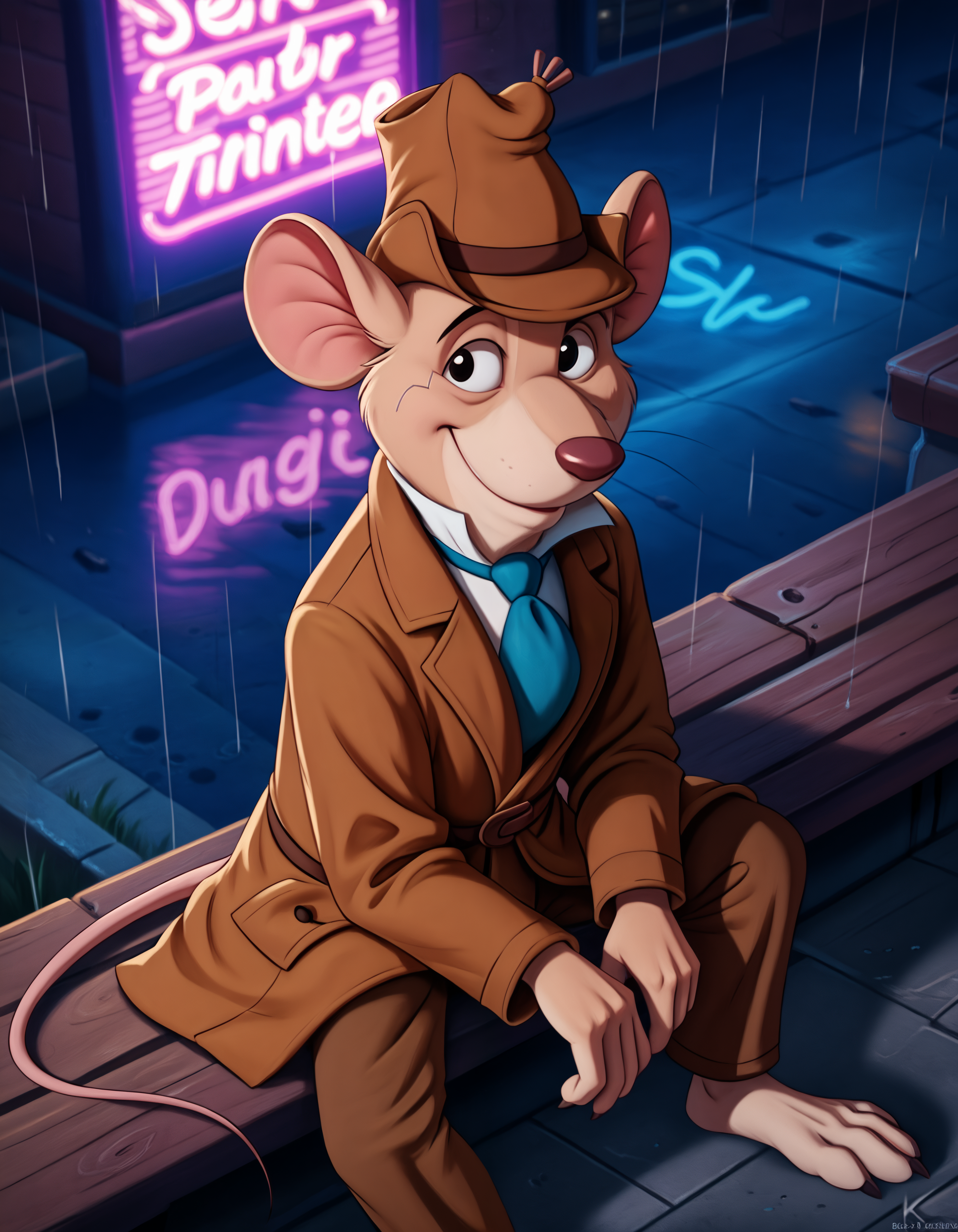 score_9, score_8_up, score_7_up BREAK rating_safe, source_furry, detailed, depth of field, detailed background, cinematic lighting, particles, decals, masterpiece, (best quality, high quality, 8K:1.5), <lora:sinfully_stylish_SDXL.safetensors:0.95>,  embedding:zPDXL3, anthro, <lora:add-detail-xl.safetensors:2.5>, <lora:Basil_of_Baker_StreetThe_Great_Mouse_Detective:1.0>, basil_gmd, great_mouse_detective, solo, 1boy, male focus, clothed, hat, dark, night, rain, light shining through feathers, looking at viewer, city, outdoor, digitigrade, biped, barefoot, (cyberpunk, neon lights, night time:1.2), upper body, solo, smile, long_sleeves, tail, necktie, shoes, pants, (black eyes:1.2), coat, blue necktie, mouse ears, brown headwear, furry male, mouse tail, brown pants, brown coat, mouse, trench coat, detective,  (close up, from above, sitting, gloom (expression):1.15)