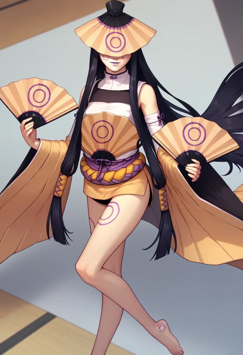 score_9, score_8_up, score_7_up, source_anime BREAK 1girl, solo, <lora:amenouzume-smt-richy-v1_pdxl:1> amenouzume, covered eyes, black hair, very long hair, facial mark, purple lips, sleeveless, detached sleeves, folding fan, hand fan, tattoo, japanese clothes, bare legs, floating hair, barefoot, long legs, thighs, smile, full body, leaning back