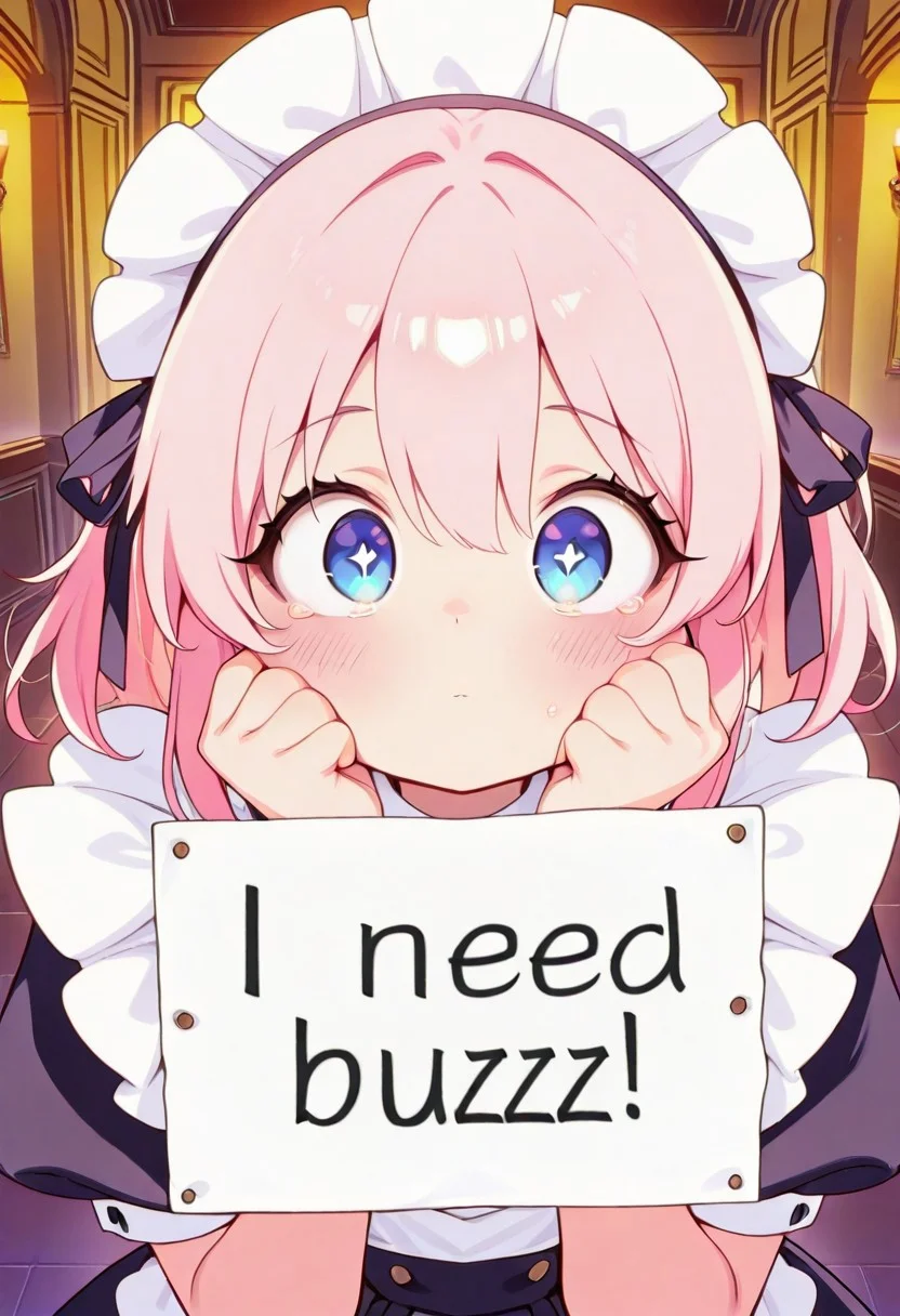 masterpiece, best quality, amazing quality, 1girl, CivChan, pink hair, maid uniform, , , <lora:CivChan:0.9>,blue eyes, , hands on face, blue hexagon shaped eyes,
masterpiece, best quality, amazing quality, 8k, face focus, face only, looking at viewer, holding sign with text "need buzz", buzz