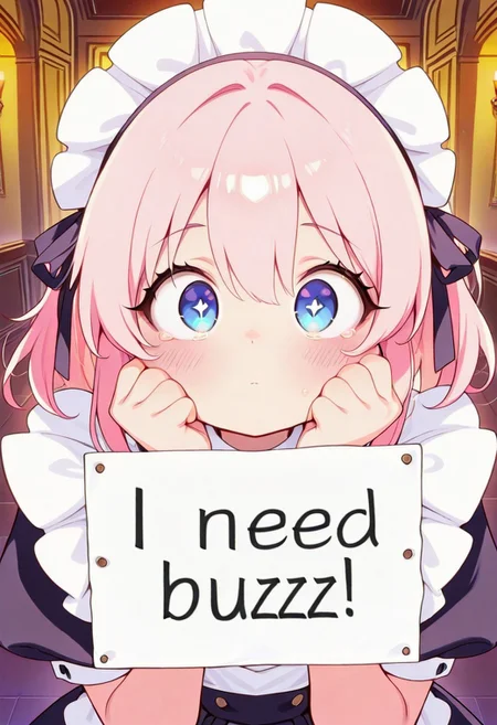 masterpiece, best quality, amazing quality, 1girl, CivChan, pink hair, maid uniform, , , <lora:CivChan:0.9>,blue eyes, , hands on face, blue hexagon shaped eyes,
masterpiece, best quality, amazing quality, 8k, face focus, face only, looking at viewer, holding sign with text "need buzz", buzz