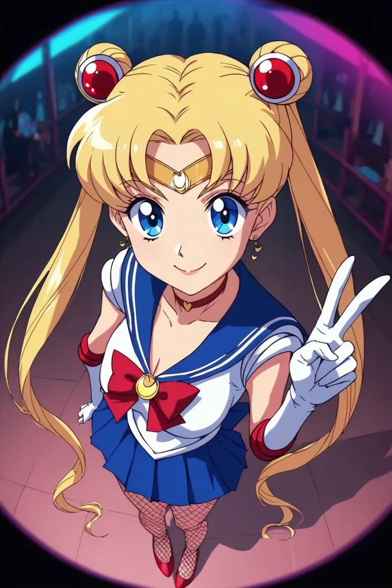 fisheye, black border, from above, standing, full body, score_9, score_8_up, score_7_up, anime screencap, 1girl, solo, sailor moon, sailor senshi uniform, fishnet pantyhose, tiara, red ribbon, white gloves, blue skirt, jewelry, blonde hair, looking at viewer, v, smile, a woman in a strip club <lora:Fisheye_Style:.8>