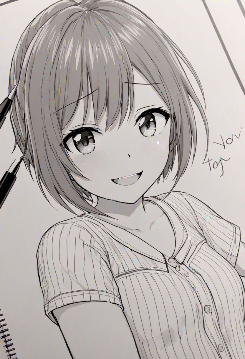 high quality, high detail, line art, sketch, 1girl, beautiful girl, joy, happy, laugh,Miku, good shading, very detailed drawing