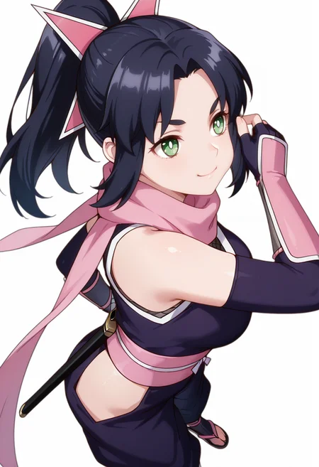 masterpiece,high quality details, ultra realistic, high detailed skin,absurdres,
Hand on own ear,
<lora:Ayaka_Kusagakure:0.8>
ayaka_cnr, 1girl, black hair, long hair, ponytail,parted bangs, sidelocks, green eyes, hair ornament,
bare shoulders, ninja, japanese clothes, kimono, sash,pink scarf,fingerless gloves, elbow gloves, sandals, sheath, pink ribbon,hip vent,, simple background, white background, sideways,solo,, smirk,pout,