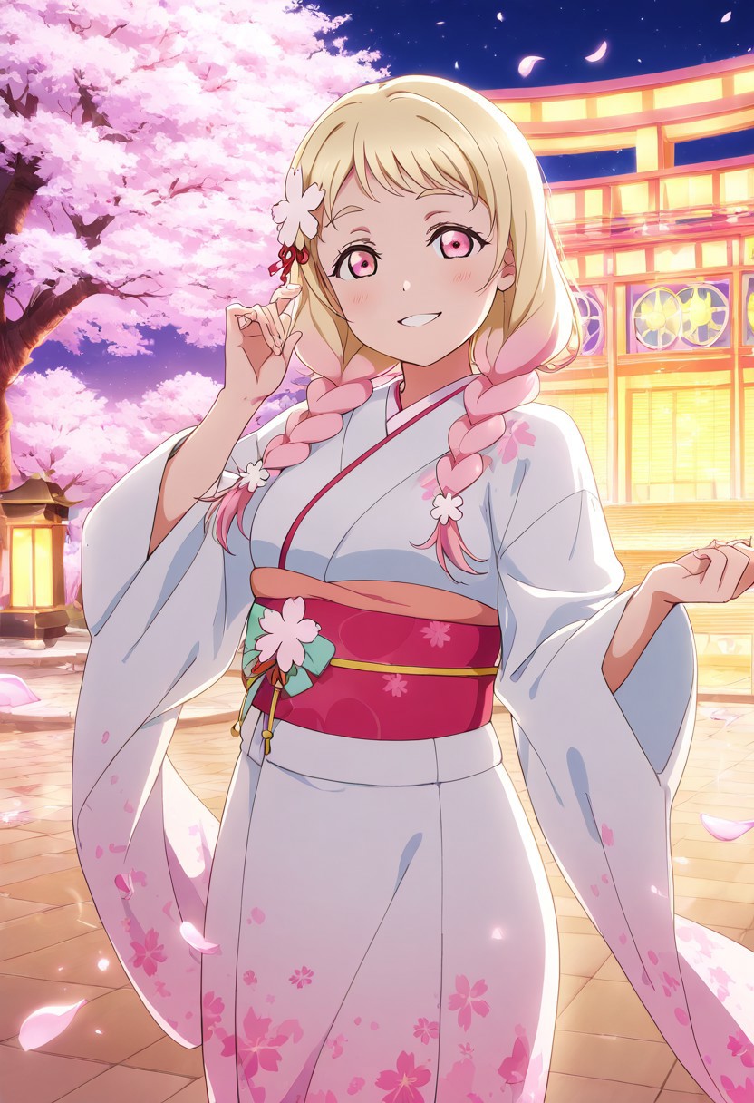 masterpiece, best quality, solo, 1girl, aged up, happy, 
 natsumi_onitsuka, onitsuka_natsumi, long hair, pink hair, blonde hair, gradient hair, multicolored hair, braid, twin braids, pink eyes, flower accessory, floral idol costume, cherry blossom kimono dress, ribbon obi, sakura hair ornament, outdoor stage beneath blooming trees, petals falling, warm spring breeze, gentle smile, soft and graceful performance