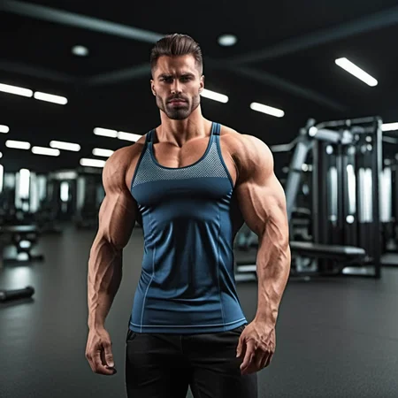 GigaChad1024, a muscular man, wear a tight tshirt, jeans pants, training in a gym, detailed face, detailed eyes ,  highly detailed, photography, ultra sharp, film, bokeh, professional, 4k   <lora:GigaChad1024:0.7>