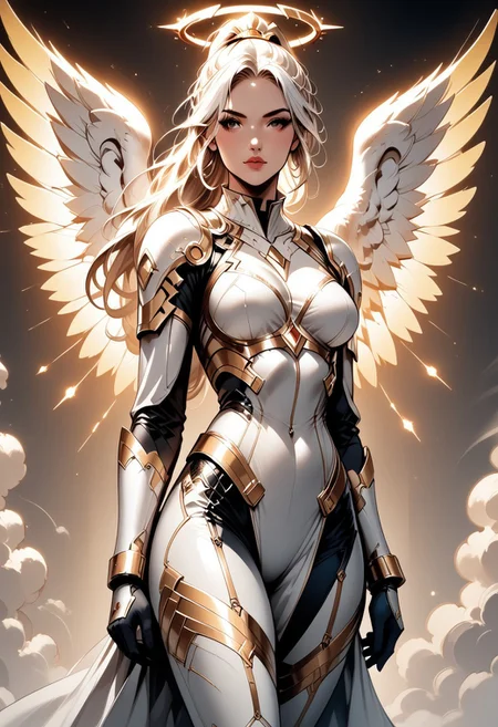 score_9, score_8_up, score_7_up, (Western Comics), a full body image of a sexy mechangel girl, caucasian, seductive, (glowing wings), solo, glowing armor, glowing halo, glowing mechanical 4 wings (hyperdetailed:1.15), detailed, light passing through hair, (ultra detailed, high quality texture), (sharp), (artistic image), 32K, 4K, ULTRA HD, small waist, large breasts, tight white bodysuit with, crop: -5, (3/4 portrait), wide view, ((her whole head and hair is visible)), zoomed out, wings completely visible, (from thighs and up), wings folded along her body, cowboy shot, angelify, (monochrome background), (nothing in background), plain background, long hair in high ponytail