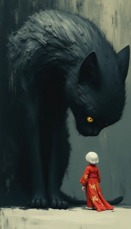 breathtaking breathtaking a digital painting in a fantasy and surreal style. The focal point is a large black cat sitting with striking yellow eyes that dominate the composition. The cat's fur is rendered with textured brushstrokes, giving it a sense of depth and realism. The cat's face is close to the ground, with its ears slightly tilted, creating a sense of curiosity and attention.
Standing in front of the cat is a small silhouette of a girl seen from behind with a pale, almost ghostly appearance. The figure has short, white hair and is dressed in a bright red kimono decorated with intricate gold patterns. The kimono flows gracefully to the ground, adding a sense of movement and elegance to the scene. The girl reaches out to the large cat.
The background is minimalistic, with a gradient of dark to light gray tones, giving a sense of depth without distracting from the main subjects. The overall mood of the image is serene yet slightly eerie, with the large cat towering over the smaller figure, the large cat staring sternly and menacingly at the smaller figure creating a dynamic and somewhat intimidating relationship between the two.
The textures in the painting are rich and detailed, with emphasis on the soft fur of the cat and the smooth, flowing fabric of the dress. The overall colour palette is dominated by cool tones, with the exception of the bright red dress.
<lora:aidmaImageUpraderv0.3:0.6> <lora:- Flux1 - vanta_black_V2.0:1> <lora:113_novuschromaFLX_1:0.4>, masterpiece, award-winning, professional, highly detailed . award-winning, professional, highly detailed