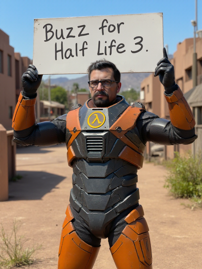 <lora:Gordon_Freeman:0.9> gordon freeman, a man with facial hair and glasses. he wears a science fiction armor and boots. He holds over his head with both hands a white sign with the black font text "Buzz for Half Life 3". Apocalyptic city desert background