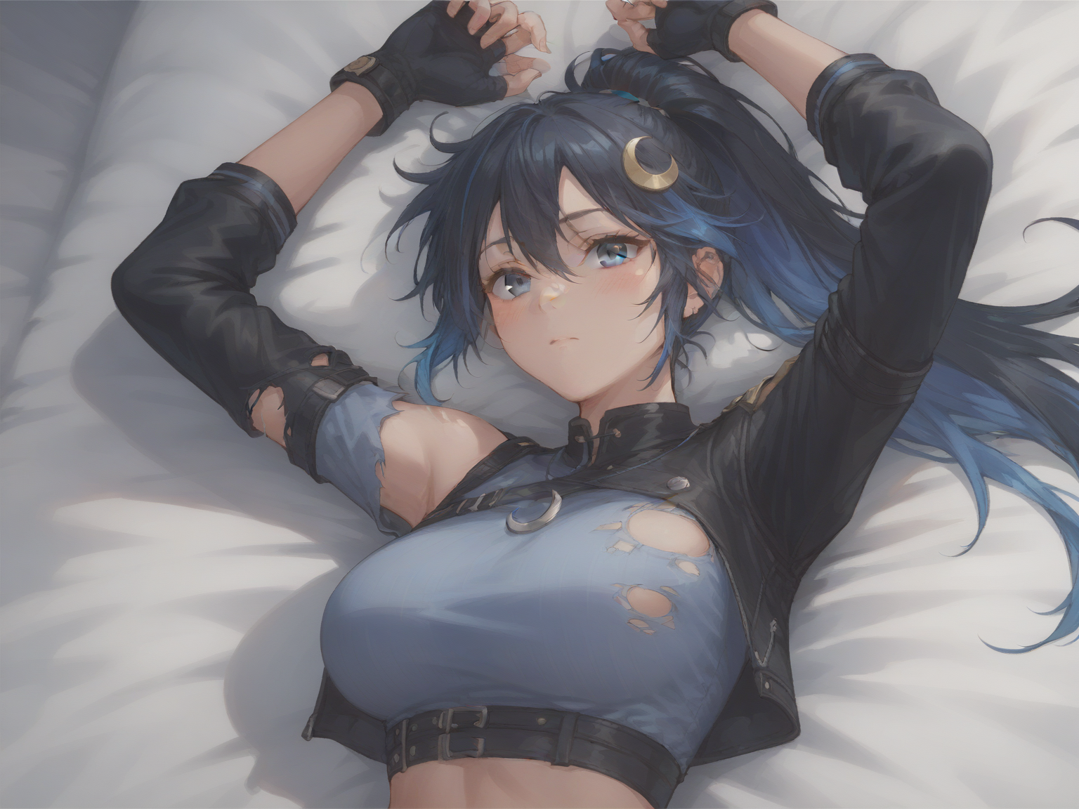 score_9,score_8_up,score_7_up,score_6_up,1girl,lying,upper body,arms up,large breasts,blush,hetero,close up,indoors,bed sheet,<lora:yaohu1:0.5>,yaohu1,ponytail,long hair,multicolored hair,black hair blue hair,hair between eyes,hair ornament,crescent,jewelry,asymmetrical clothes,crop top,jacket,cropped jacket,breasts,torn clothes,gloves,fingerless gloves,left arm long sleeves,right arm detached sleeves,<lora:add-detail-xl:2>,<lora:Smooth Style 2 SDXL_LoRA_Pony Diffusion V6 XL:0.4>,