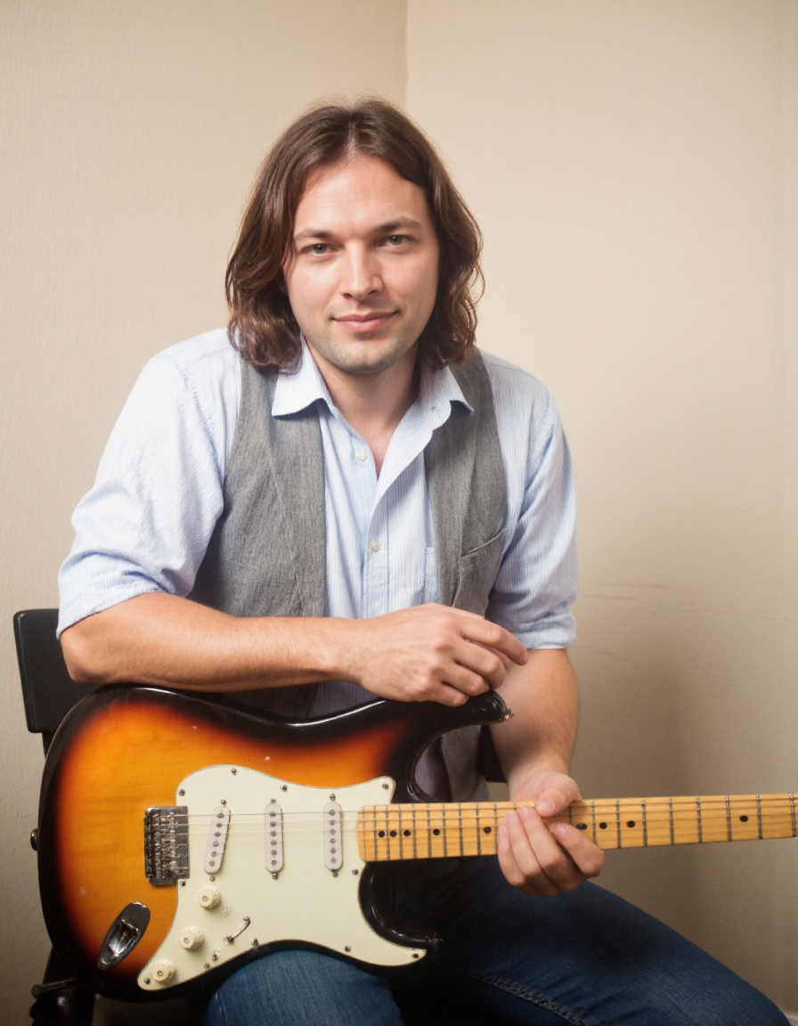 <lora:DAVID_GILMOUR:1>This photograph features a man sitting in a relaxed pose, leaning slightly forward with his arms crossed. He has shoulder-length, dark brown hair that falls naturally around his face. The man is wearing a light blue, short-sleeved button-up shirt with vertical stripes, paired with a grey, sleeveless vest. He is also wearing blue jeans. His expression is calm and slightly smiling.
In front of him, on a black chair, lies an electric guitar with a distinctive sunburst finish, transitioning from a dark brown at the head to a lighter yellow at the body. The guitar's neck is positioned towards the man, with the body resting on the chair. The man's right hand is placed on the guitar, suggesting he may be a musician or enthusiast.
The background consists of a plain, light beige wall, providing a neutral backdrop that highlights the subject. The lighting is soft and even, casting gentle shadows and highlighting the textures of the man's clothing and the guitar. The overall mood of the photograph is casual and intimate, capturing a moment of relaxed enjoyment.