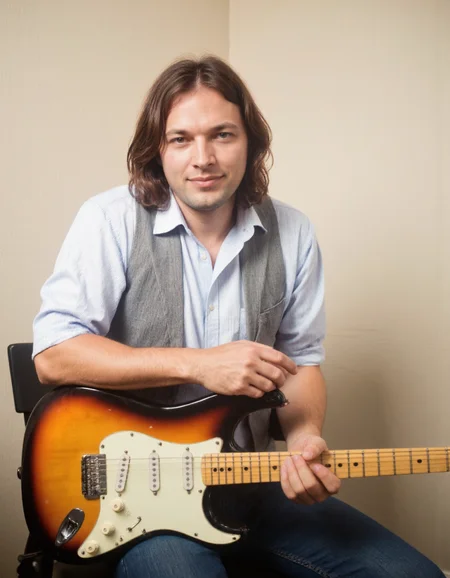 <lora:DAVID_GILMOUR:1>This photograph features a man sitting in a relaxed pose, leaning slightly forward with his arms crossed. He has shoulder-length, dark brown hair that falls naturally around his face. The man is wearing a light blue, short-sleeved button-up shirt with vertical stripes, paired with a grey, sleeveless vest. He is also wearing blue jeans. His expression is calm and slightly smiling.
In front of him, on a black chair, lies an electric guitar with a distinctive sunburst finish, transitioning from a dark brown at the head to a lighter yellow at the body. The guitar's neck is positioned towards the man, with the body resting on the chair. The man's right hand is placed on the guitar, suggesting he may be a musician or enthusiast.
The background consists of a plain, light beige wall, providing a neutral backdrop that highlights the subject. The lighting is soft and even, casting gentle shadows and highlighting the textures of the man's clothing and the guitar. The overall mood of the photograph is casual and intimate, capturing a moment of relaxed enjoyment.