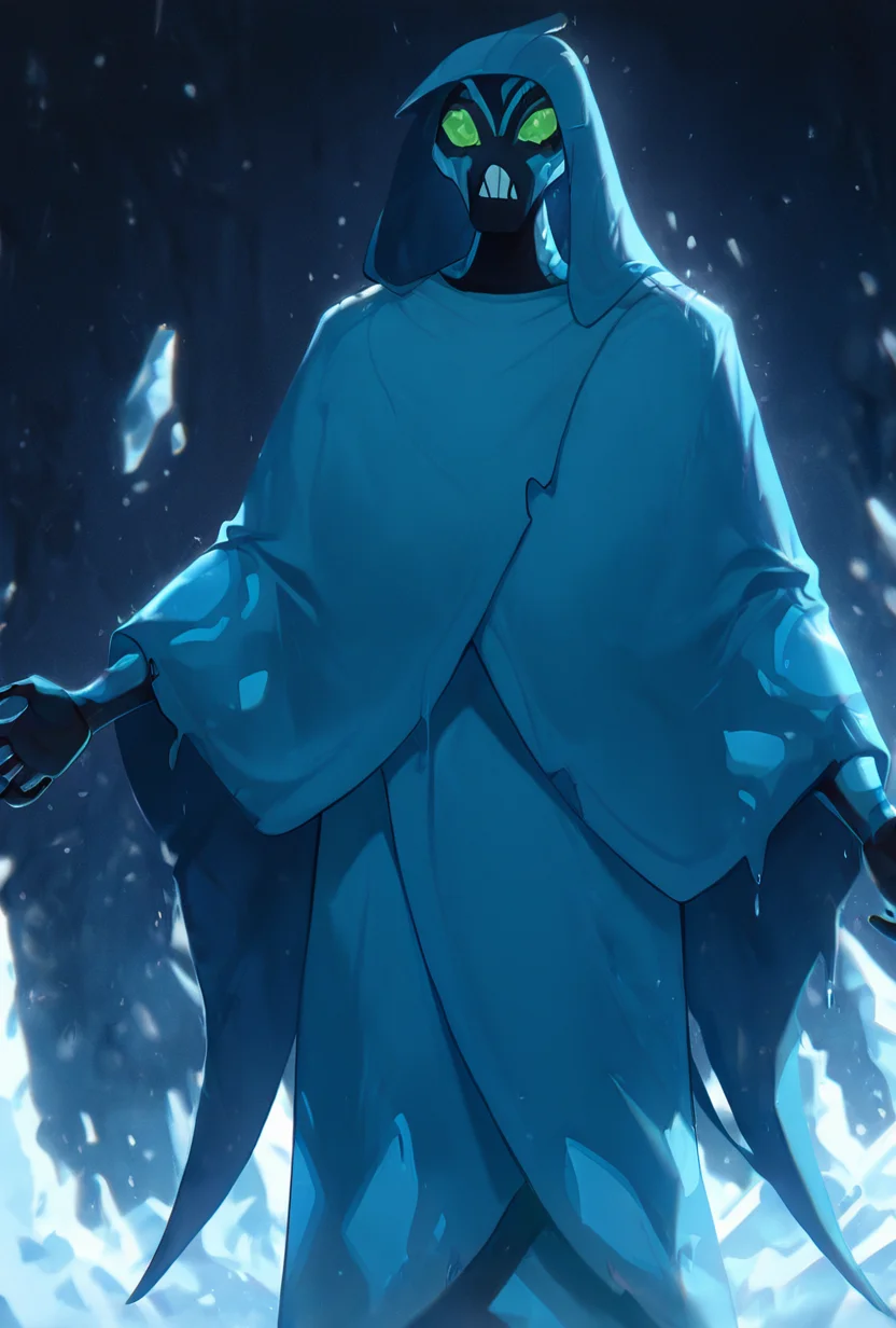 <lora:bigchill-07:1> bigchill, solo, 1boy, green eyes, blue skin, no humans, green sclera, teeth, no pupils,, ice powers, hood, cloak <lora:WSSKX_WAI:1>, masterpiece, best quality, amazing quality, very aesthetic, absurdres, newest,