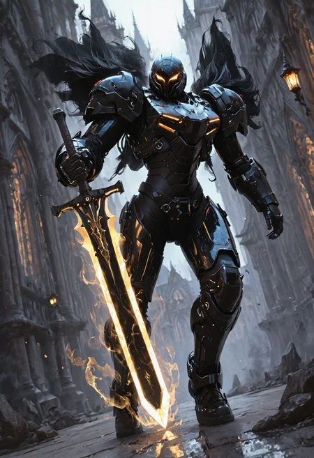 masterpiece, best quality, high quality, newest, highres, 8K,HDR, absurdres, dynamic angle, realistic, 1girl, BlackT40k, power armor, long hair, weapon, glowing eyes, dark fantasy, holding sword, floating, ethereal aura, white and black color scheme, armored gauntlets, golden ornaments, looking at viewer, battle stance, supernatural energy, shadowy background, gothic architecture, dynamic pose, dramatic lighting, detailed background, depth of field, foreshortening, detailed background, dynamic pose, dynamic composition, dutch angle, foreshortening, blurry edges, 
<lora:ppw_v7_animv4_1_r2:0.6> <lora:748cm_illu:0.6> 7481llu <lora:69yottea_illu_v2:0.4> <lora:illustrious_all_rated_v1:0.6> masterpiece, best quality, very aesthetic, <lora:LLDN-IL:0.8>