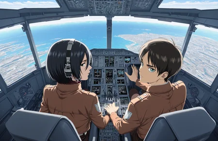anime coloring,
<lora:[Concept - IL] A380 Cockpit (R2E10):1> a380cockpit,
1boy, 1girl,
mikasa ackerman, eren yeager,
looking back, looking at viewer, facing away,
navigation display,
overhead panel,
thrust lever,
sitting, seat,
pilot uniform, headset,
indoors,
from behind, 
hand on thrust lever,
from above, day, sea, ocean, city, city walls,
best quality, masterpiece,