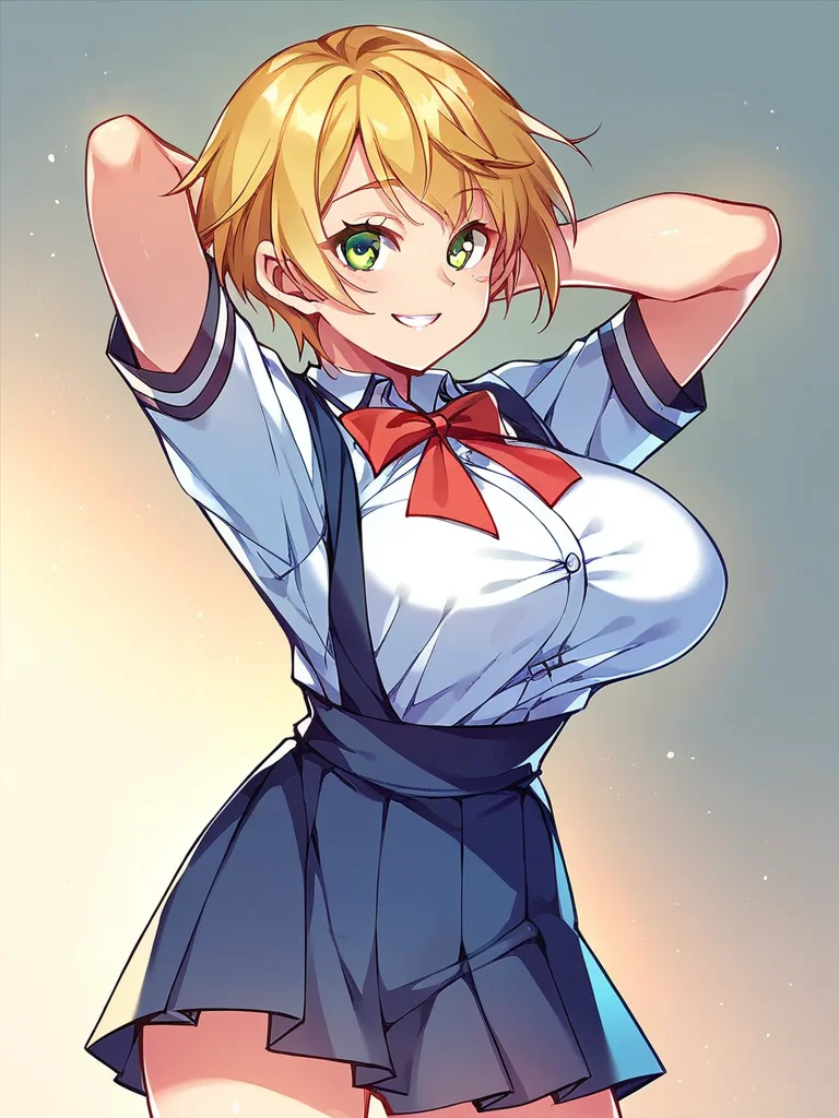 score_9, score_8_up, score_7_up,  
1girls, school uniform, pinafore, white shirt, short sleeves, red bowtie, pleated skirt, 

standing, smile, large breasts, blonde hair, short hair, green eyes, looking at viewer, arms behind head,
