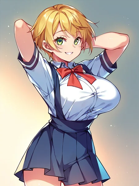 score_9, score_8_up, score_7_up,
1girls, school uniform, pinafore, white shirt, short sleeves, red bowtie, pleated skirt,
standing, smile, large breasts, blonde hair, short hair, green eyes, looking at viewer, arms behind head,