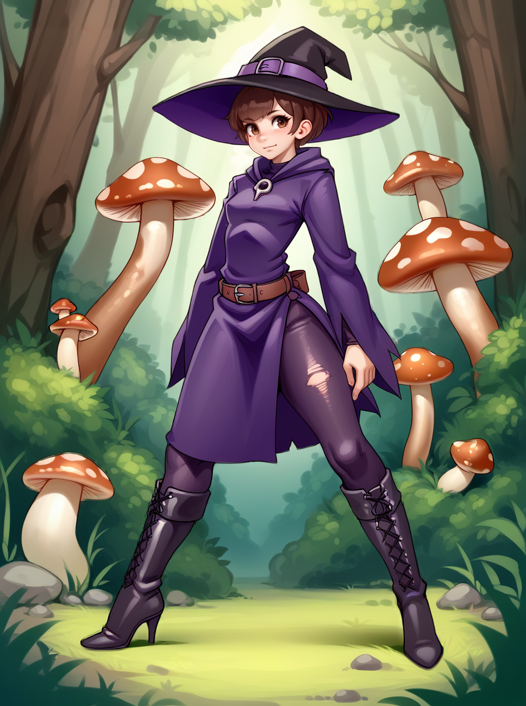 score_9, score_8_up, score_7_up, source_anime, solo, 1girl, high heel boots, , , Hazel eyes, witch, mushroom forest, , , kairunoburogu,  <lora:kairunoborugu_PDXL-000001:1>