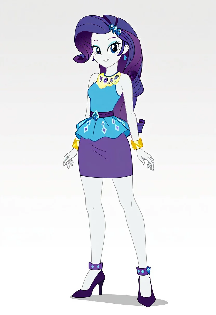 Score_9, Score_8_up, Score_7_up, Volumetric lighting, Tone the entire body, source_cartoon, source_cartoon, Official, rarity, equestria girls, bracelet, clothing, dress, woman, shielding geode, high heels, jewelry, legs, rarity peplum dress, shoes, skirt, Full body, sexy and sensual, sexy model body, Smiling, seductive and sensual look, Alone, one person, 1 girl, Mature and sexy body, legs apart, sexy and sensual legs, Standing