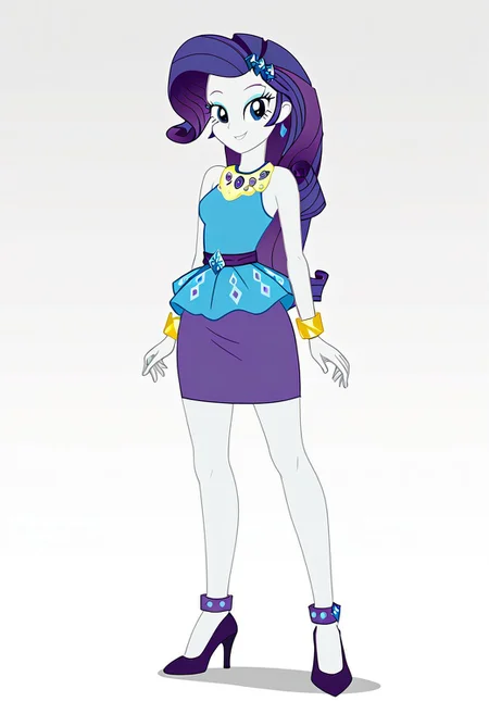 Score_9, Score_8_up, Score_7_up, Volumetric lighting, Tone the entire body, source_cartoon, source_cartoon, Official, rarity, equestria girls, bracelet, clothing, dress, woman, shielding geode, high heels, jewelry, legs, rarity peplum dress, shoes, skirt, Full body, sexy and sensual, sexy model body, Smiling, seductive and sensual look, Alone, one person, 1 girl, Mature and sexy body, legs apart, sexy and sensual legs, Standing