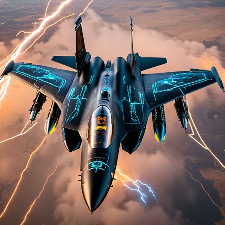 masterpiece, high detail, high resolution, photorealistic, futuristic, cyberpunk aircraft, black F15 raptor with glowing tron lines, dynamic lightning
