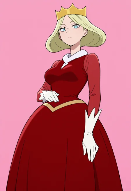masterpiece, best quality, amazing quality, very aesthetic, absurdres, newest,
1girl, solo, 
standing, 
looking at viewer,
<lora:Hilling:0.85> H1ll1ng, blue eyes, short hair, blonde hair, pointy nose, 
crown, red dress, white gloves, 
pink background, simple background,