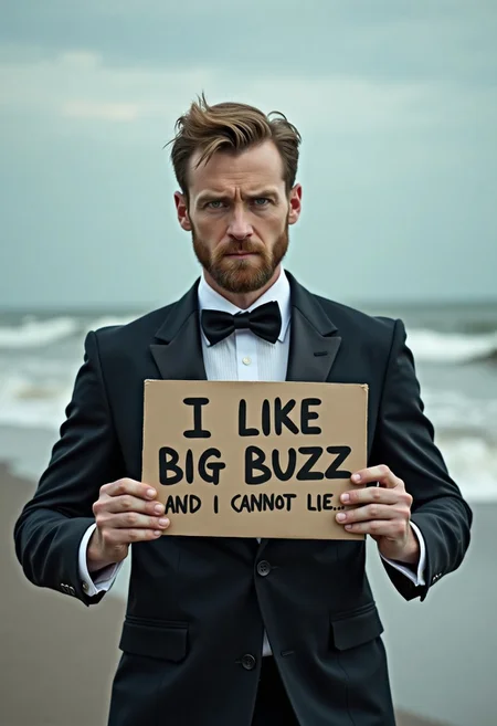 an empty beach after a storm, an elegantly dressed gentleman with blue eyes is emotionless, holds up a sign reading "I LIKE BIG BUZZ" and "AND I CANNOT LIE...", looking at viewer. realistic, epic, blurred background