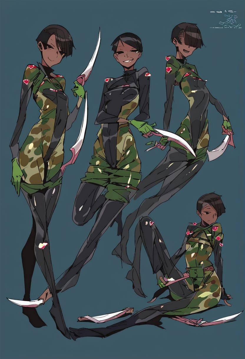 score_9, score_8_up, score_7_up, score_6_up, score_5_up, score_4_up,  1girl,  black eyes, green tree, ((midnight)), tilted angle, loop lighting, (((forest))), solo, ((((holding sickle)))), Concept Art, (((((((camo bodysuit))))))),  flat breasts, flat ass, skinny leg, skinny body, slim girl, (18 years old)), ((pettie)), narrow waist, flat chest, , (((short))), flat breasts, flat ass, narrow waist, ((flat chest)), (((short))), ((flat chest)), (((anorexic))), ((((dark skin woman))))), (((tight green glove))), ((((bodysuit)))), black hair, (((pixie cut))),  (((smug))), ((green glove)), , ((nipple)), ((((((dynamic pose)))))))   , ((((((dynamic hand))))))) , ((((((dynamic leg))))))) ,(((((((transparent black bodysuit)))))), ((transparent gas mask)), , ((((lesbian))))), ((((lying down)))), ((((character sheet))))
