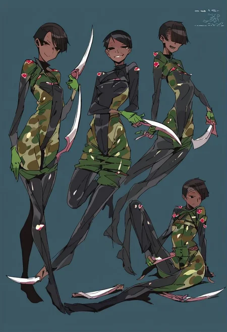 score_9, score_8_up, score_7_up, score_6_up, score_5_up, score_4_up, 1girl, black eyes, green tree, ((midnight)), tilted angle, loop lighting, (((forest))), solo, ((((holding sickle)))), Concept Art, (((((((camo bodysuit))))))), flat breasts, flat ass, skinny leg, skinny body, slim girl, (18 years old)), ((pettie)), narrow waist, flat chest, , (((short))), flat breasts, flat ass, narrow waist, ((flat chest)), (((short))), ((flat chest)), (((anorexic))), ((((dark skin woman))))), (((tight green glove))), ((((bodysuit)))), black hair, (((pixie cut))), (((smug))), ((green glove)), , ((nipple)), ((((((dynamic pose))))))) , ((((((dynamic hand))))))) , ((((((dynamic leg))))))) ,(((((((transparent black bodysuit)))))), ((transparent gas mask)), , ((((lesbian))))), ((((lying down)))), ((((character sheet))))
