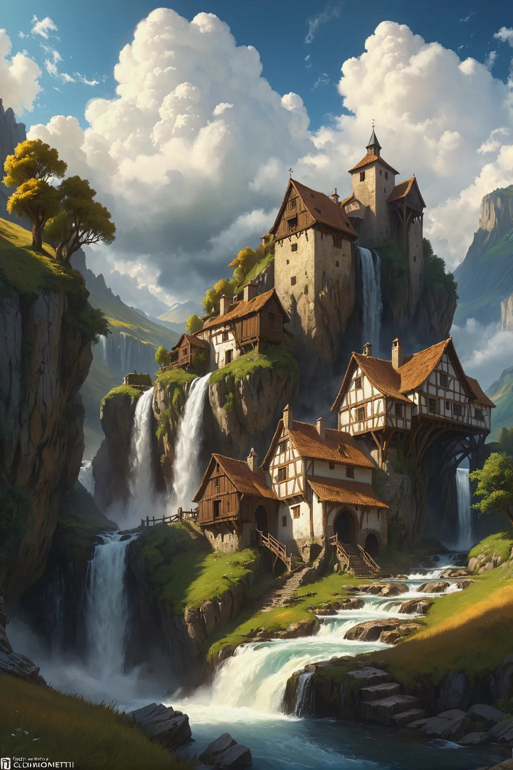 A beautiful rendition of a small medieval hamlet in the mountains near a waterfall, (cumulus clouds:1.4), dramatic composition, cinematic, concept art, golden ratio, matte painting, Marc Simonetti, Sergey Vasnev, Anato Finnstark, artstation, 8k, high resolution, (masterpiece:1.2), best quality