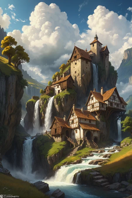 A beautiful rendition of a small medieval hamlet in the mountains near a waterfall, (cumulus clouds:1.4), dramatic composition, cinematic, concept art, golden ratio, matte painting, Marc Simonetti, Sergey Vasnev, Anato Finnstark, artstation, 8k, high resolution, (masterpiece:1.2), best quality