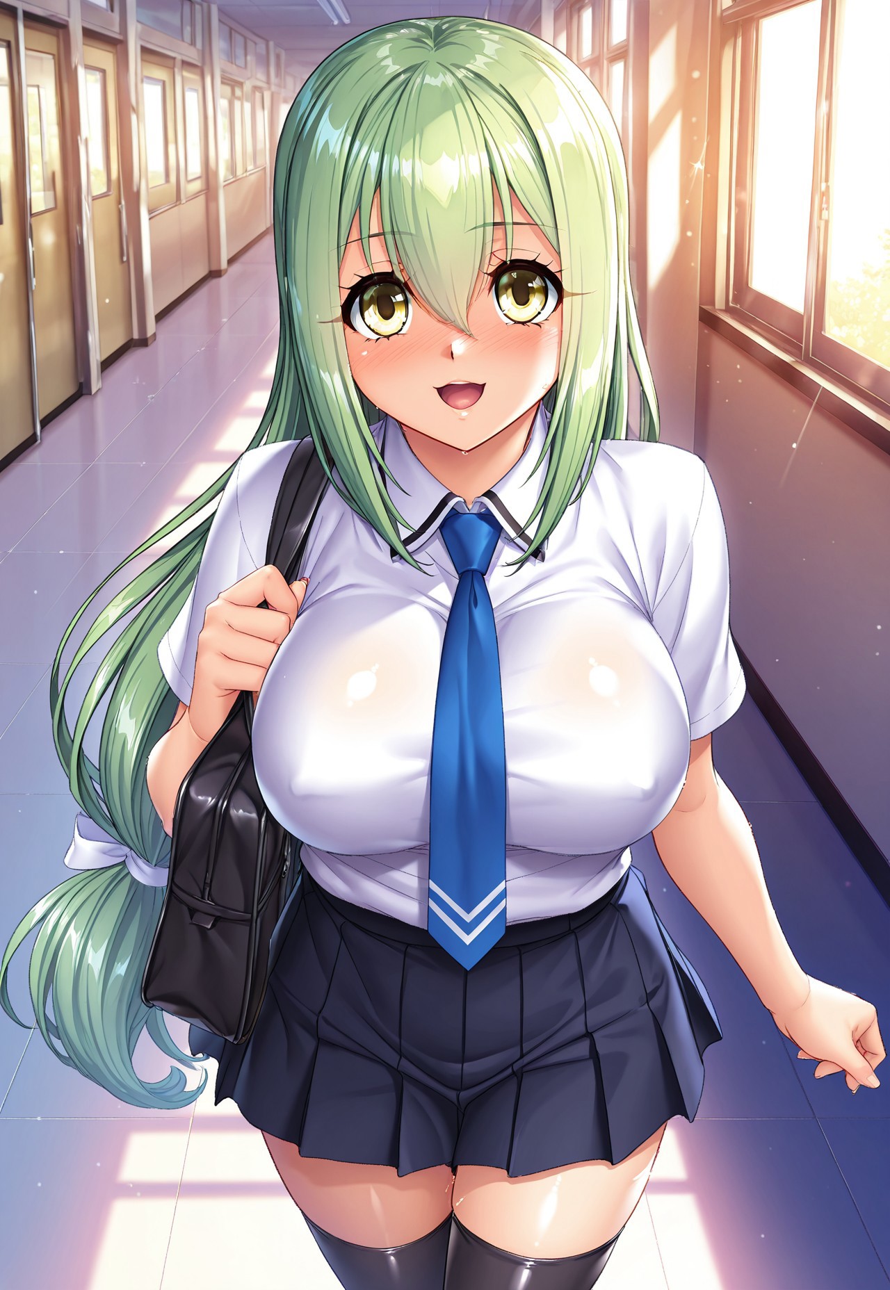 taimanin (series), source_anime, masterpiece, ultra-detailed, best illustration, high quality, absurdres, very aesthetic, highly detailed, highres, cowboy shot, kagami hirotaka, three quarter view,
Break,
looking at viewer, standing, smile, open mouth, walking, indoor, school, detailed background, day,
Break,
1girl, solo, alone, aishu hebiko, very long hair, low-tied long hair, green hair, parted bangs, hair between eyes, greenish yellow eyes, shiny skin, shiny clothes, large breasts, school uniform, white shirt, short sleeves, blue necktie, dark blue pleated skirt, black thighhighs,
